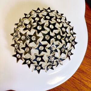 Vintage LARGE Enamel & Rhinestone Dome Starburst Star Brooch Nlack Silver 4149